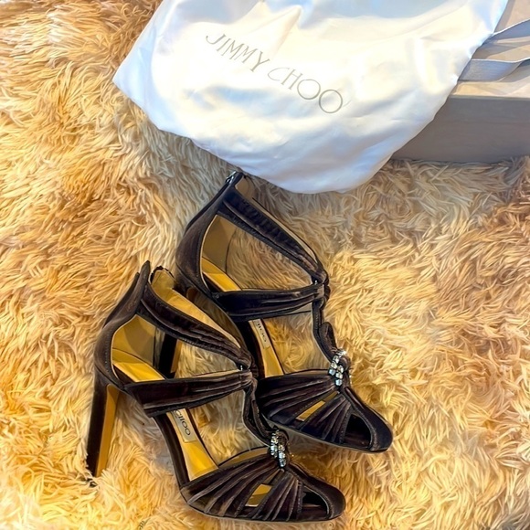 NEW | JIMMY CHOO Krissy 100 Embellished Velvet Sandal Heels Dark Mink | 37 | 6.5 - Picture 4 of 15